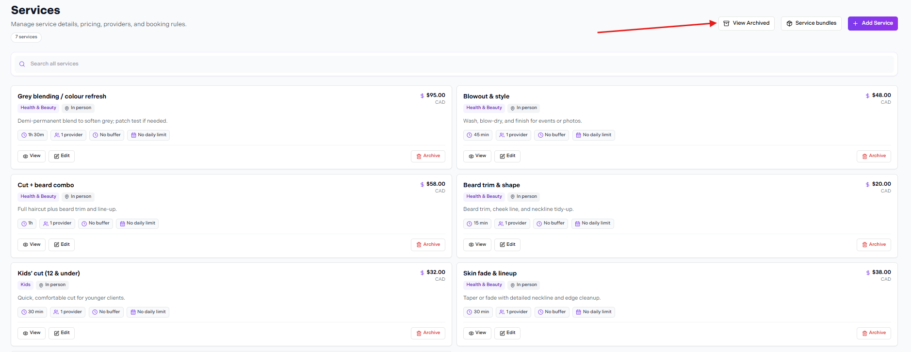 View Archived service to restore